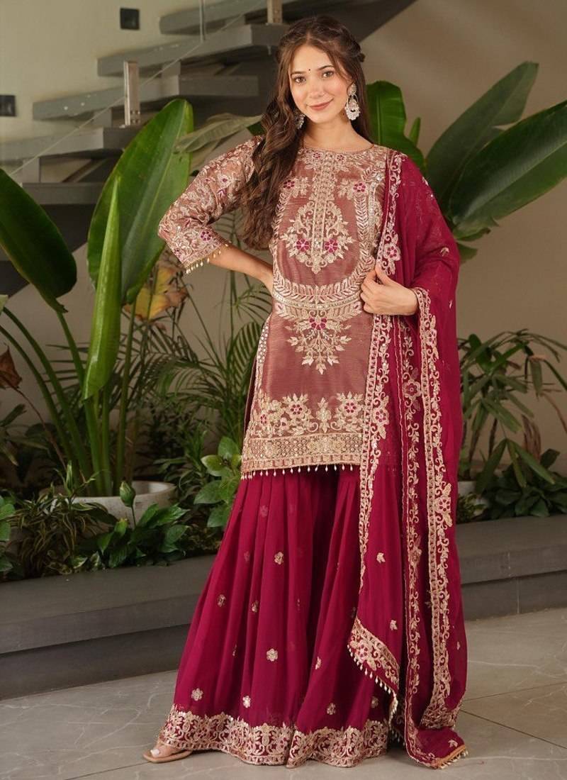 Pink designer embroidered top plazzo dupatta set for party and wedding