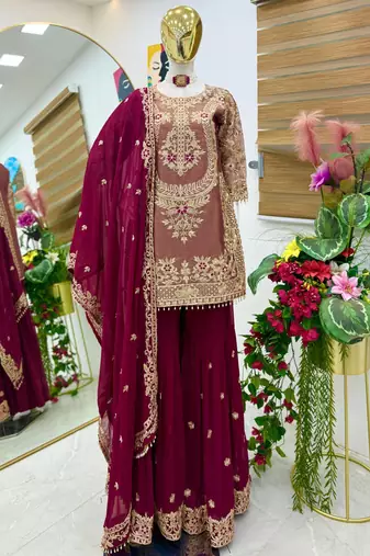 Pink designer embroidered top plazzo dupatta set for party and wedding