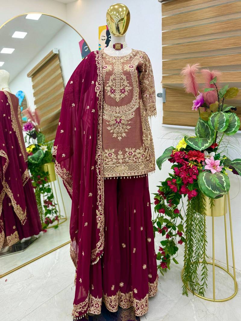 Pink designer embroidered top plazzo dupatta set for party and wedding
