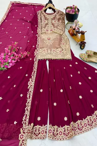 Pink designer embroidered top plazzo dupatta set for party and wedding