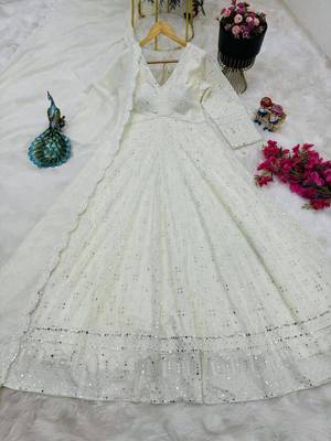 White designer foux georgette party wear gown and dupatta set 1