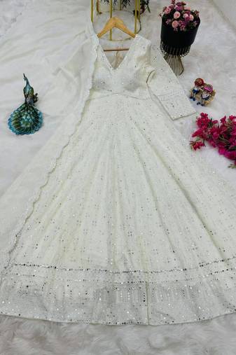 White designer foux georgette party wear gown and dupatta set