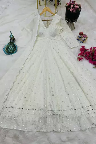 White designer foux georgette party wear gown and dupatta set