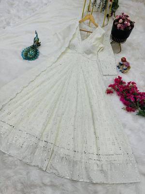 White designer foux georgette party wear gown and dupatta set 2