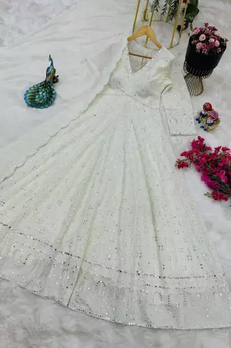 White designer foux georgette party wear gown and dupatta set