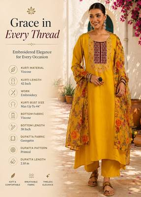 Women's mustard viscose embroidered a-line kurta set with dupatta and pant 2