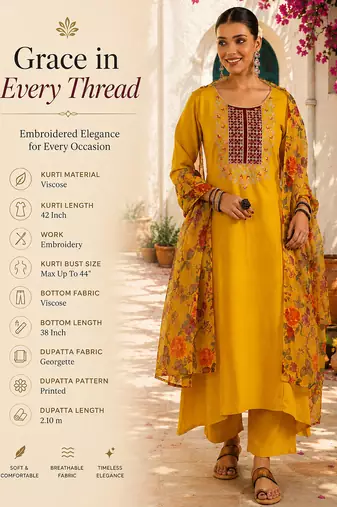 Women's mustard viscose embroidered a-line kurta set with dupatta and pant