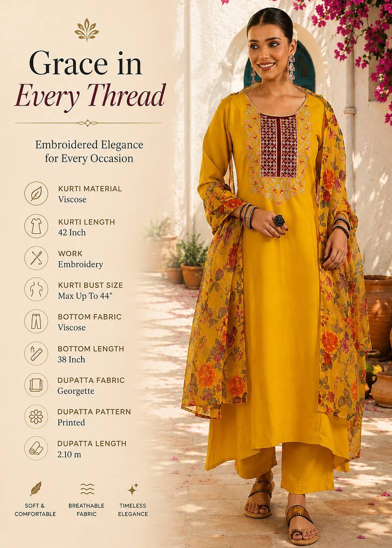 Women's mustard viscose embroidered a-line kurta set with dupatta and pant