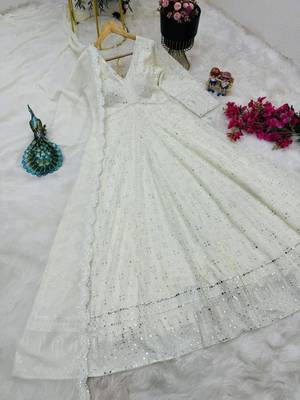 White designer foux georgette party wear gown and dupatta set 3