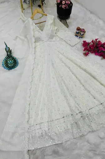 White designer foux georgette party wear gown and dupatta set