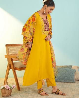 Women's mustard viscose embroidered a-line kurta set with dupatta and pant 3