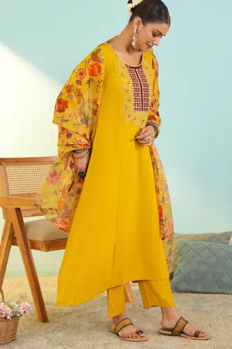 Women's mustard viscose embroidered a-line kurta set with dupatta and pant