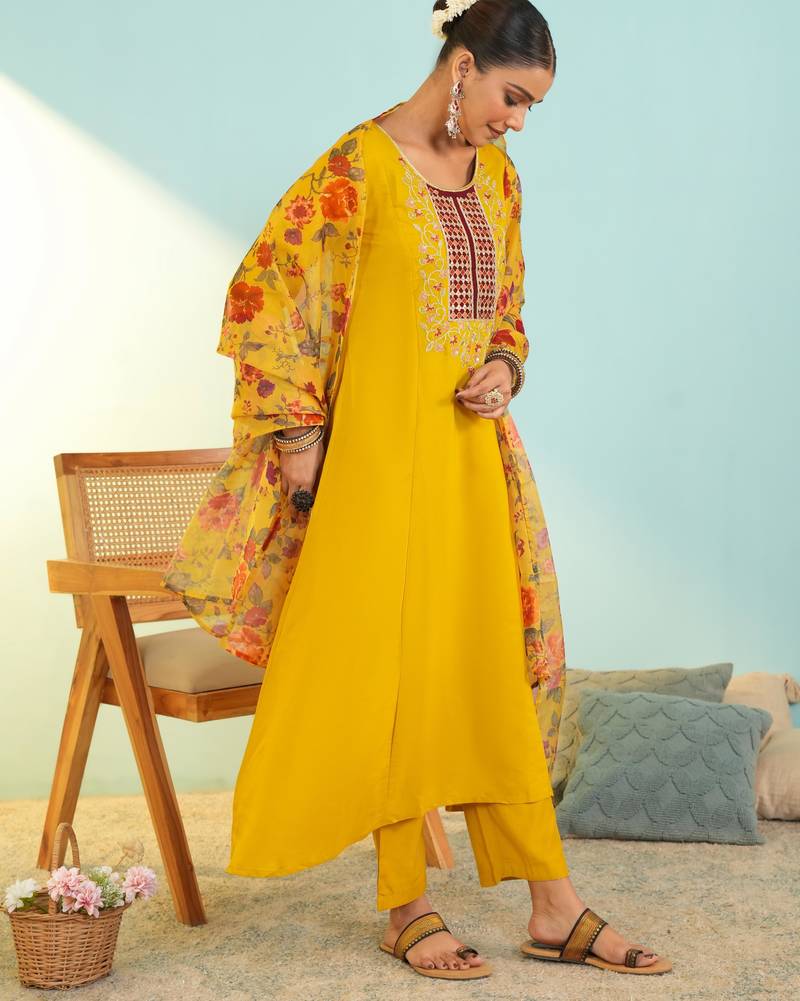 Women's mustard viscose embroidered a-line kurta set with dupatta and pant