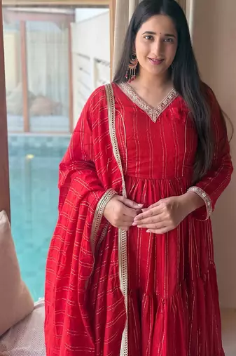 Festive red striped anarkali suit with dupatta and pant set