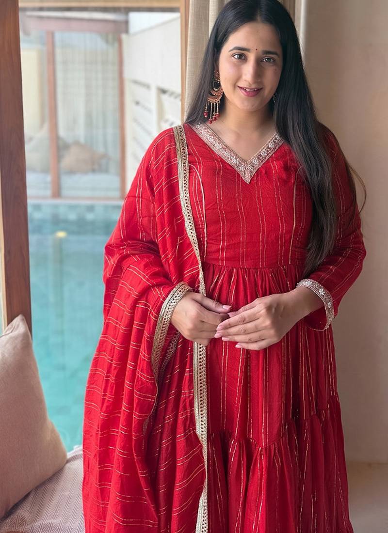 Festive red striped anarkali suit with dupatta and pant set