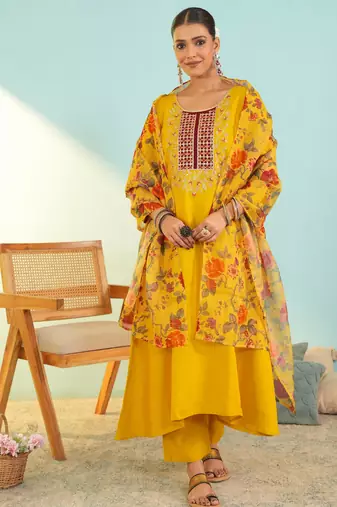 Women's mustard viscose embroidered a-line kurta set with dupatta and pant