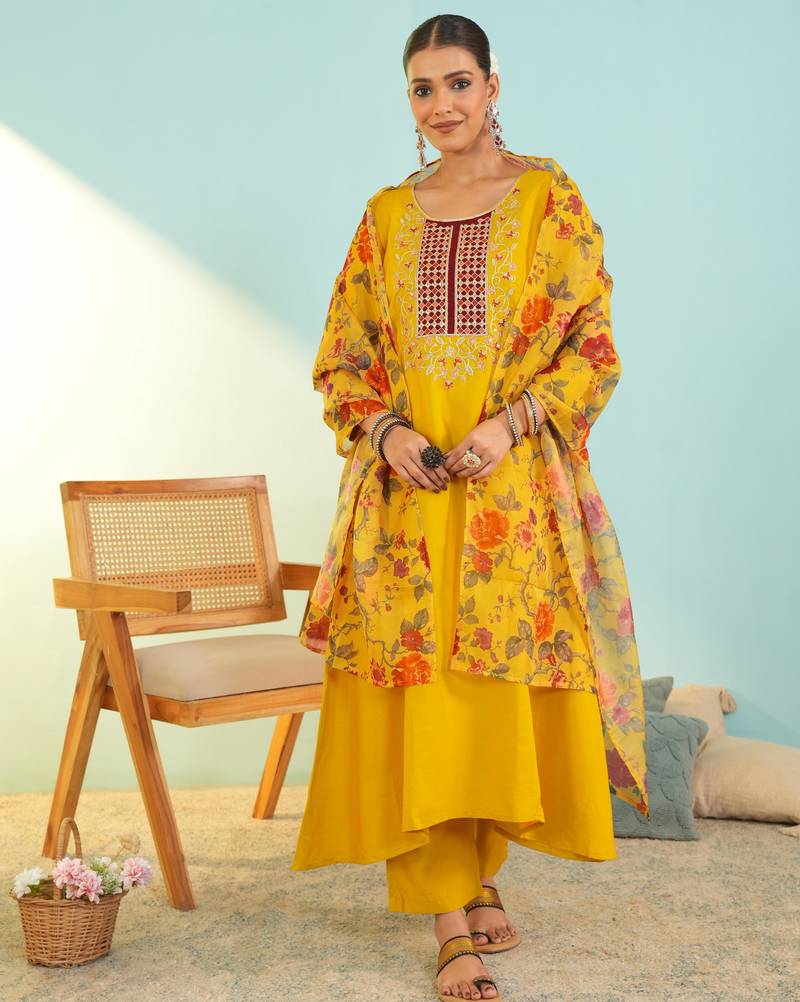 Women's mustard viscose embroidered a-line kurta set with dupatta and pant