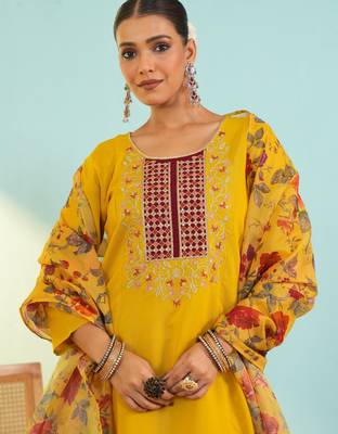Women's mustard viscose embroidered a-line kurta set with dupatta and pant 5