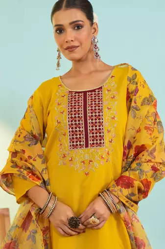Women's mustard viscose embroidered a-line kurta set with dupatta and pant