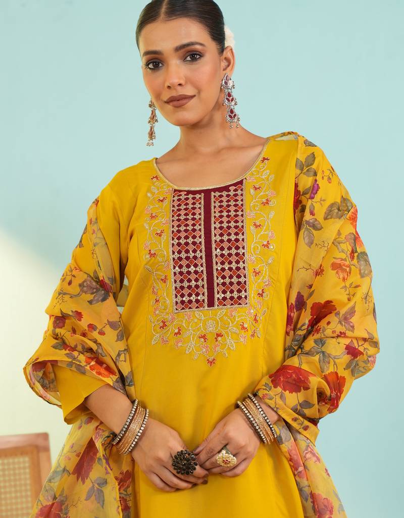 Women's mustard viscose embroidered a-line kurta set with dupatta and pant