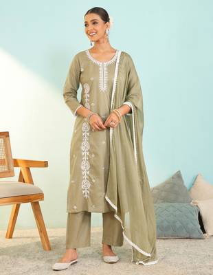 Women's olive green cotton embroidered straight kurta set with dupatta and pant 1