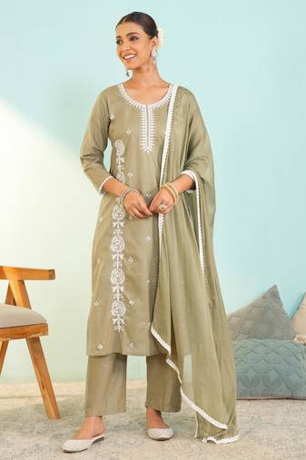 Women's olive green cotton embroidered straight kurta set with dupatta and pant