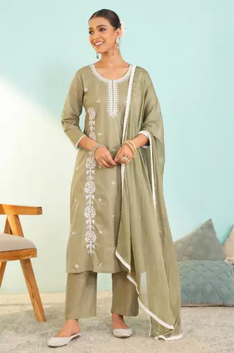 Women's olive green cotton embroidered straight kurta set with dupatta and pant