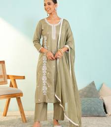 Women's olive green cotton embroidered straight kurta set with dupatta and pant