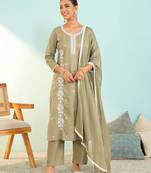 Women's olive green cotton embroidered straight kurta set with dupatta and pant