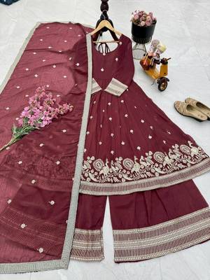 Maroon  designer embroidered top plazzo dupatta set for party and wedding 2