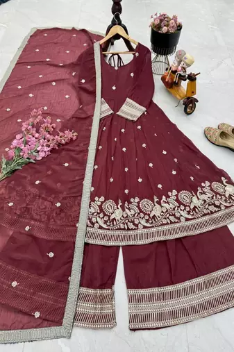 Maroon  designer embroidered top plazzo dupatta set for party and wedding