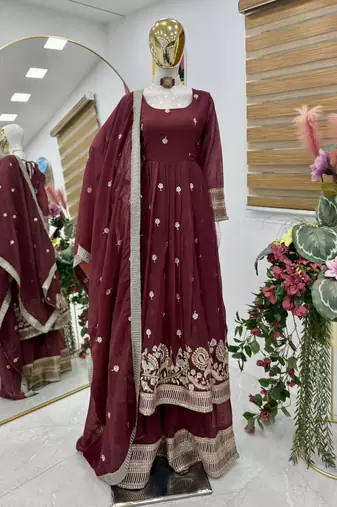 Maroon  designer embroidered top plazzo dupatta set for party and wedding