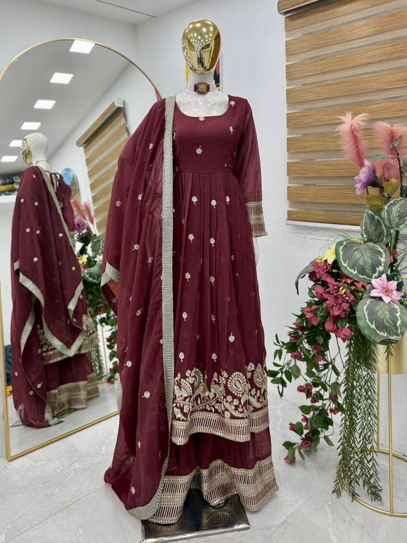 Maroon  designer embroidered top plazzo dupatta set for party and wedding