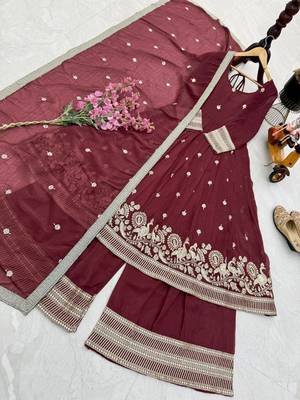 Maroon  designer embroidered top plazzo dupatta set for party and wedding 3