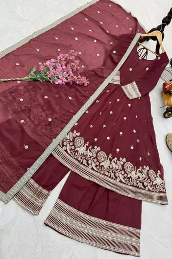 Maroon  designer embroidered top plazzo dupatta set for party and wedding