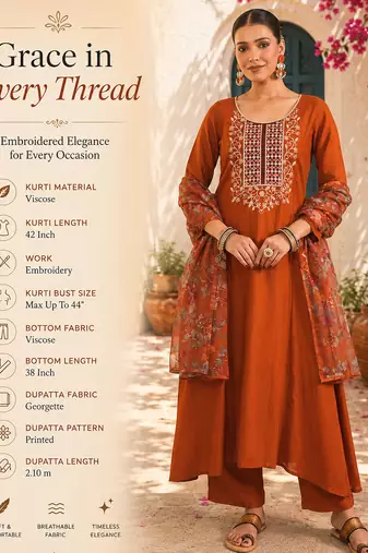 Women's rust viscose embroidered a-line kurta set with dupatta and pant