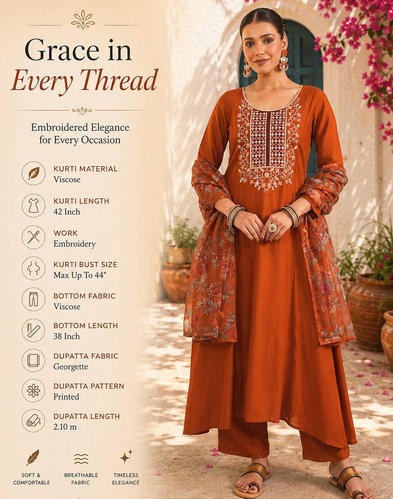 Women's rust viscose embroidered a-line kurta set with dupatta and pant