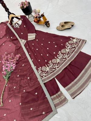 Maroon  designer embroidered top plazzo dupatta set for party and wedding 4
