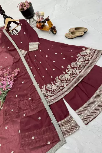 Maroon  designer embroidered top plazzo dupatta set for party and wedding