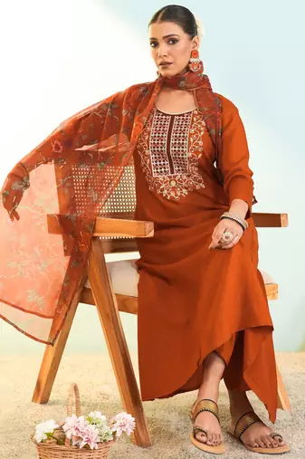 Women's rust viscose embroidered a-line kurta set with dupatta and pant