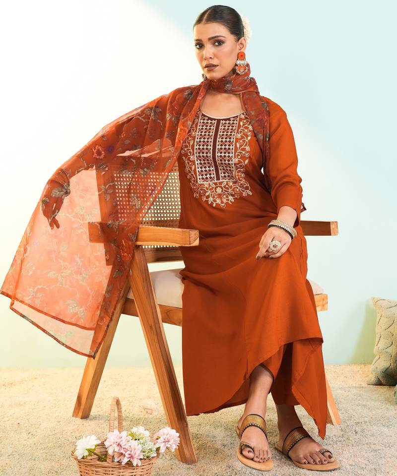 Women's rust viscose embroidered a-line kurta set with dupatta and pant