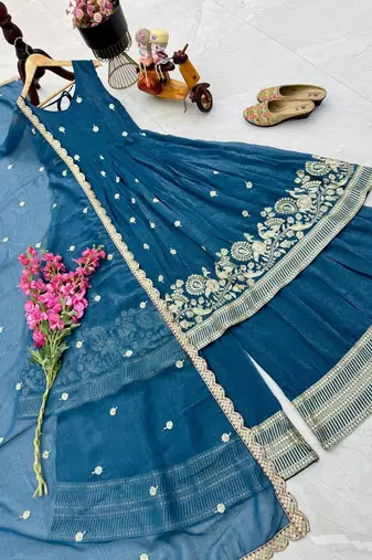 Blue  designer embroidered top plazzo dupatta set for party and wedding