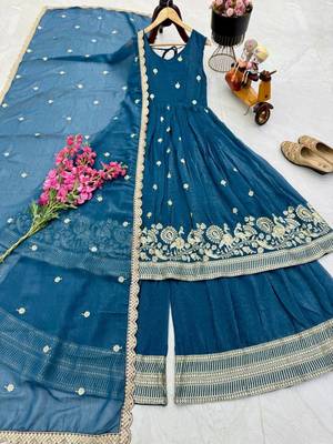 Blue  designer embroidered top plazzo dupatta set for party and wedding 3