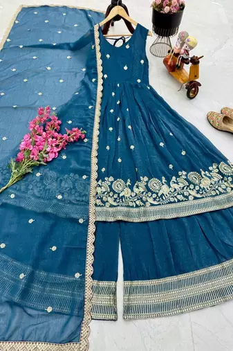 Blue  designer embroidered top plazzo dupatta set for party and wedding