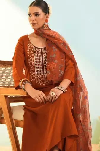 Women's rust viscose embroidered a-line kurta set with dupatta and pant