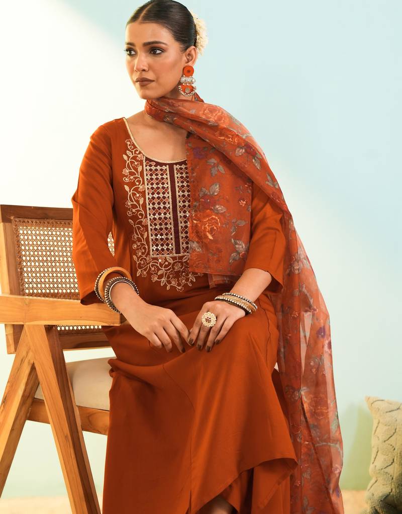 Women's rust viscose embroidered a-line kurta set with dupatta and pant