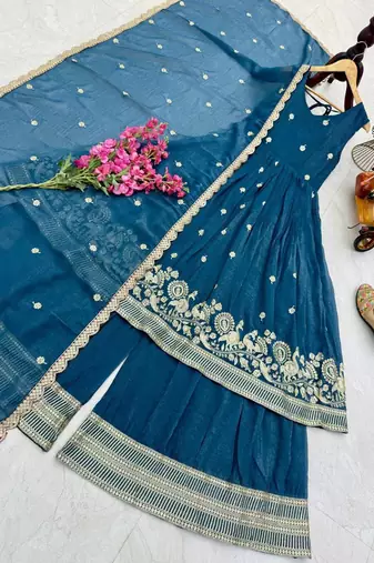 Blue  designer embroidered top plazzo dupatta set for party and wedding