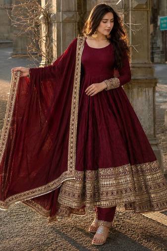Maroon designer fendy cruse  party wear gown pant  and dupatta set