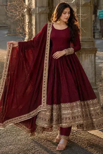 Maroon designer fendy cruse  party wear gown pant  and dupatta set