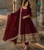 Maroon designer fendy cruse  party wear gown pant  and dupatta set